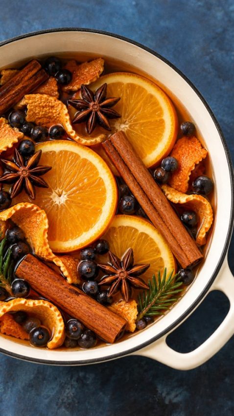 Aromatic simmer pot with dried cinnamon sticks, star anise, dried orange peels, and whole juniper berries.